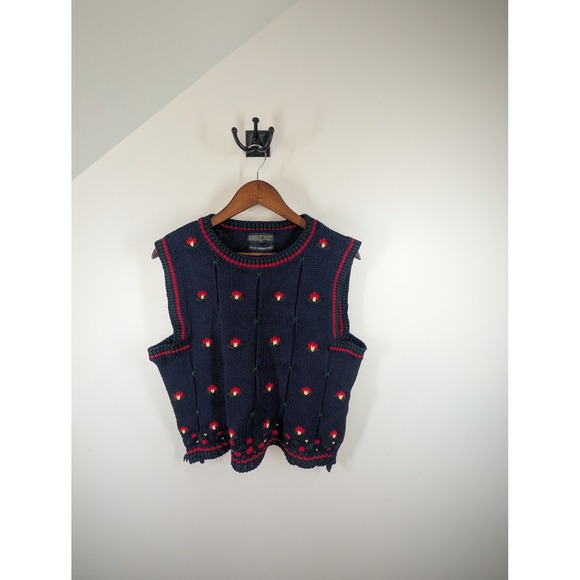 Herman Geist Navy Blue Hand Embroidered Floral Knit Vest Women's Size M - Picture 2 of 7